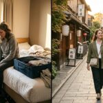 Tired traveler resting after a rushed trip vs. calm traveler enjoying a slow trip in Japan