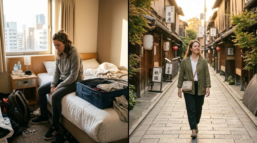 Tired traveler resting after a rushed trip vs. calm traveler enjoying a slow trip in Japan